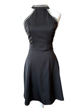 Black Halter Dress Fit & Flare Contrast Crochet Trim Evening Cocktail Party - L